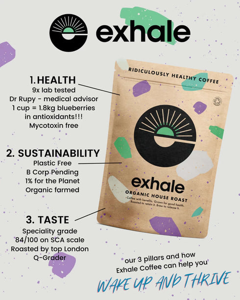 Exhale kaffi |Koffínlaust|Lífrænt|Myglulaust|Hátt í andoxunarefnum