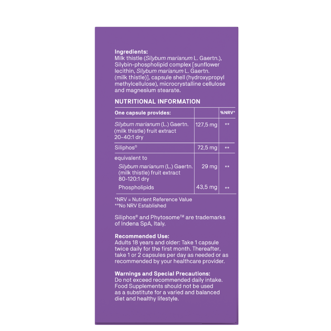 Milk Thistle Bioactive fæðubótarefni í flösku með umbúðum sem veitir 300% meira lífvirkt silybín. Umbúðir