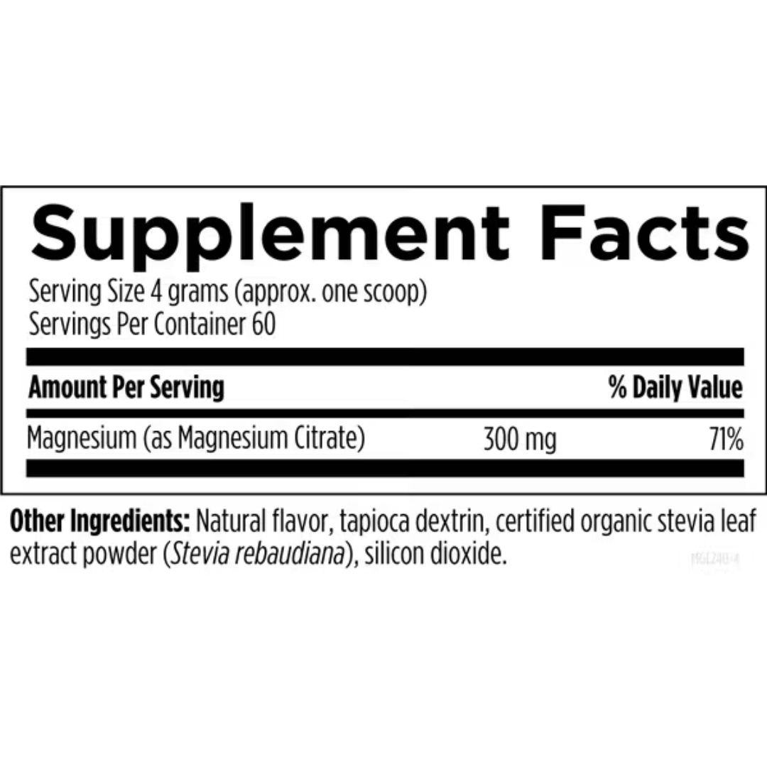 Innihaldslýsing fyrir Magnesium Citrate duft fyrir meltingarveg og svefn. Sýnir 300 mg í hverjum skammti.
