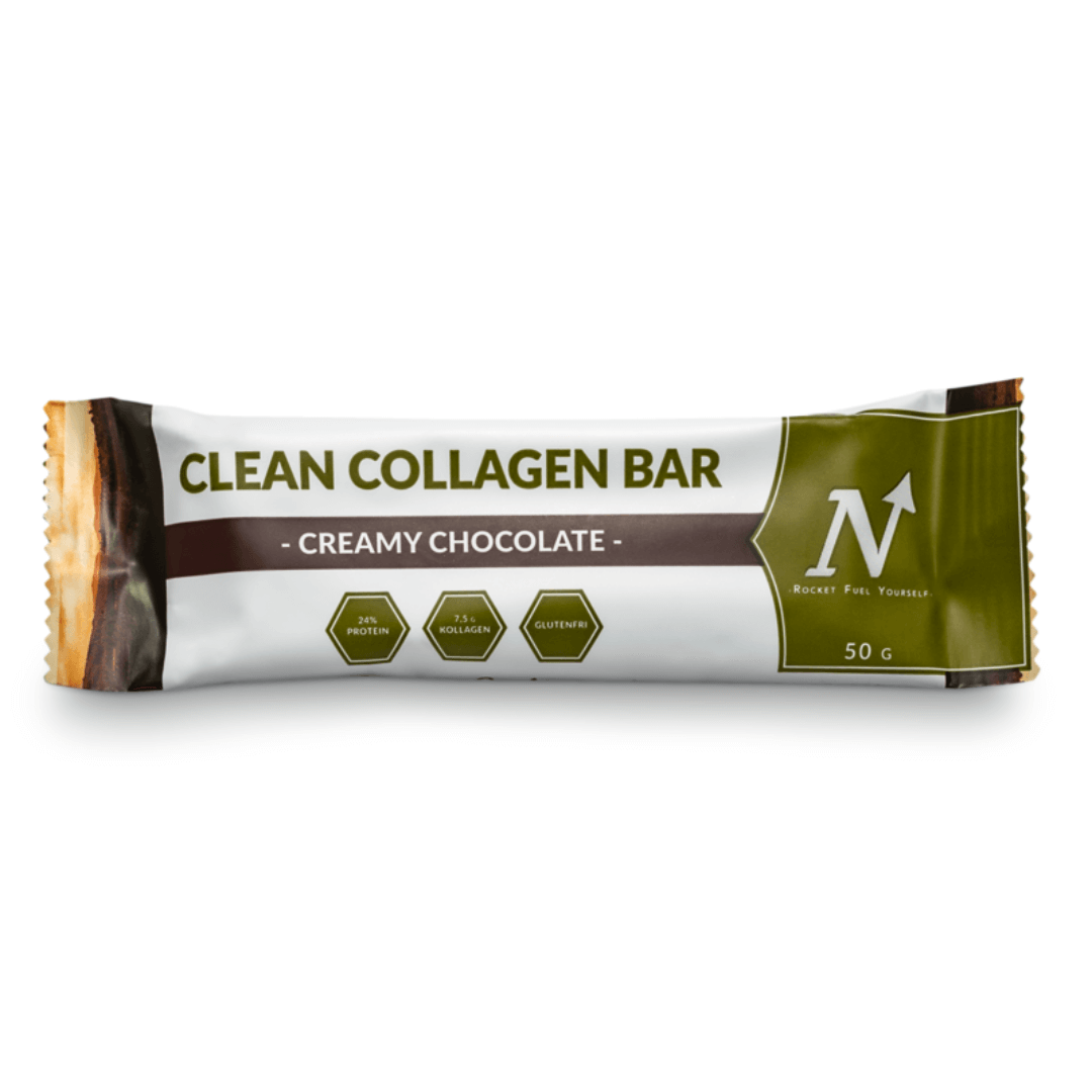 Clean collagen chocolate bar– Rjómakennt súkkulaði, 24% prótein, 7,5 g kollagen, sætt með hunangi.